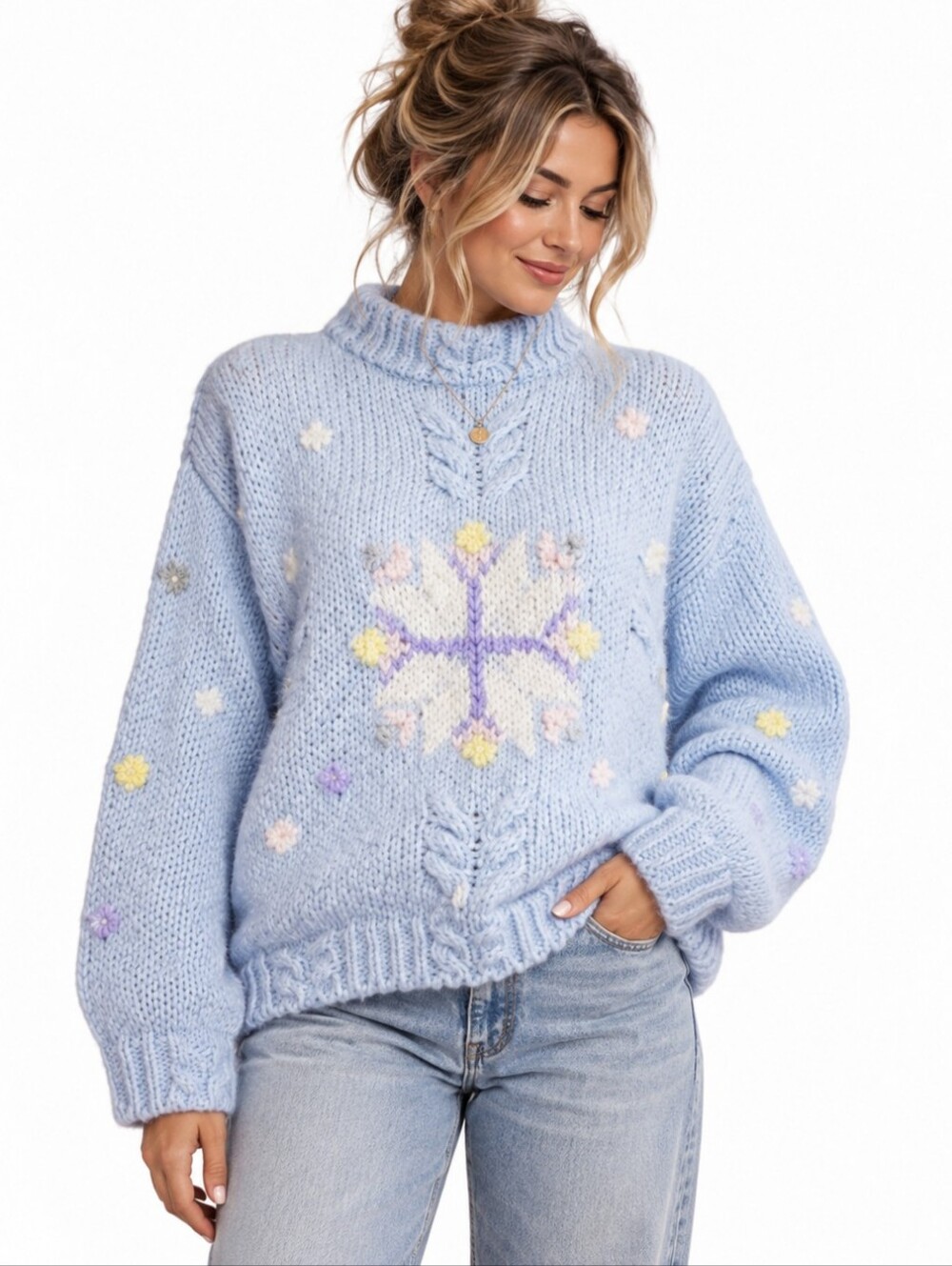 Vintage Pastel blue Chunky Snowflake sweater M